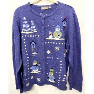 Croft & Barrow Christmas Cardigan Snowman Holiday Periwinkle Sweater Cabincore L